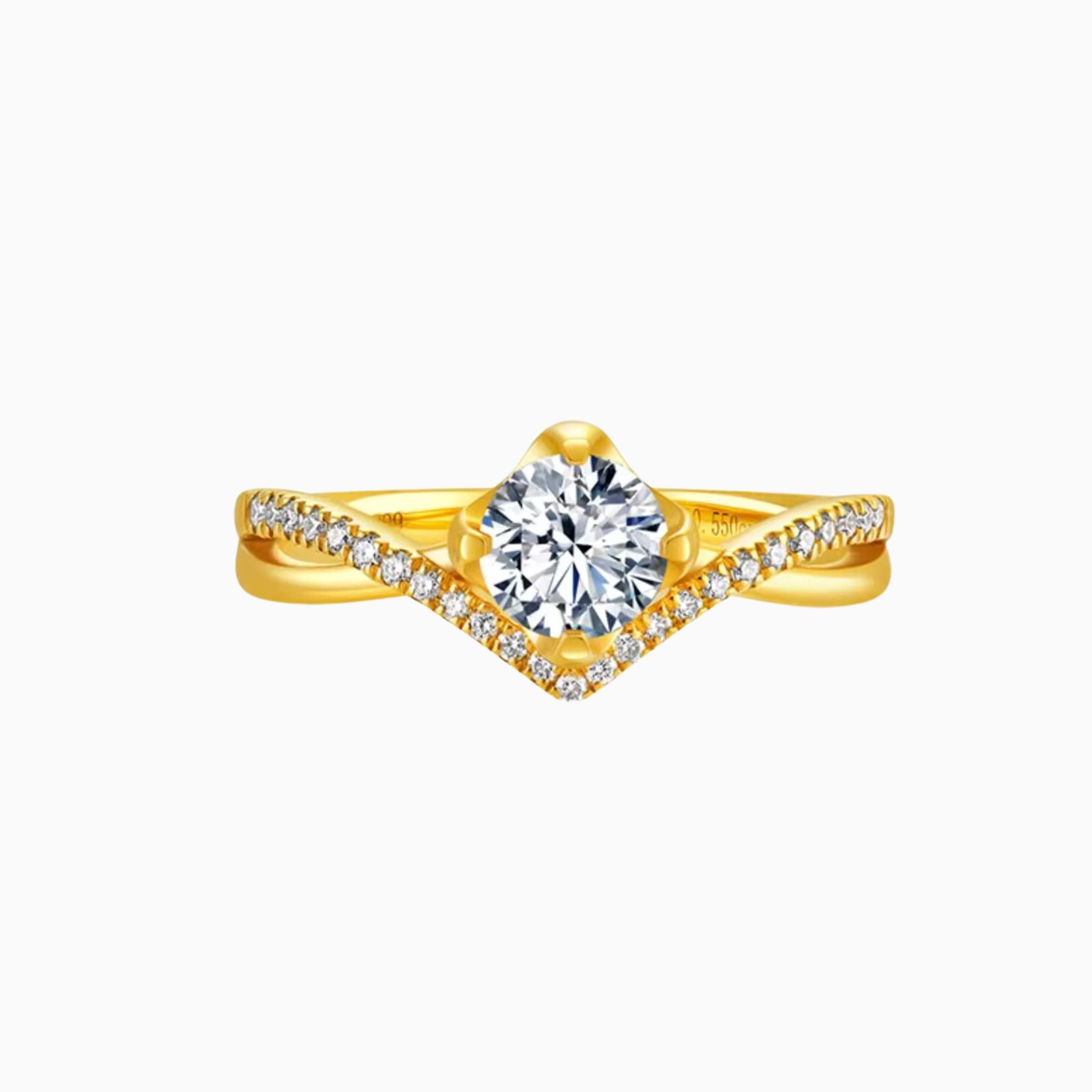 Avery Round Brilliant Diamond 24K Gold Ring with V-shaped Intertwined Pavé  Bands (999 Gold)