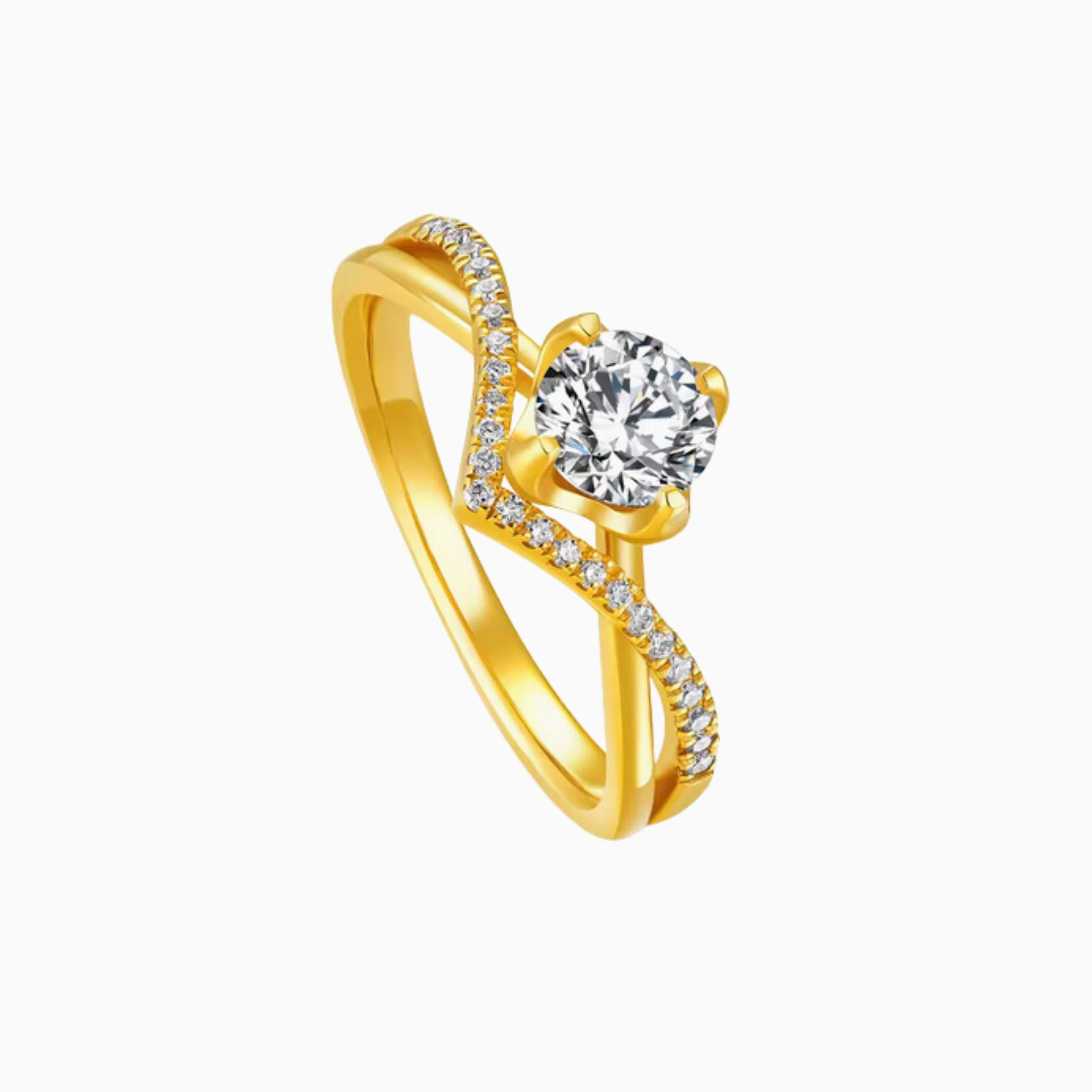 Avery Round Brilliant Diamond 24K Gold Ring with V-shaped Intertwined Pavé  Bands (999 Gold)