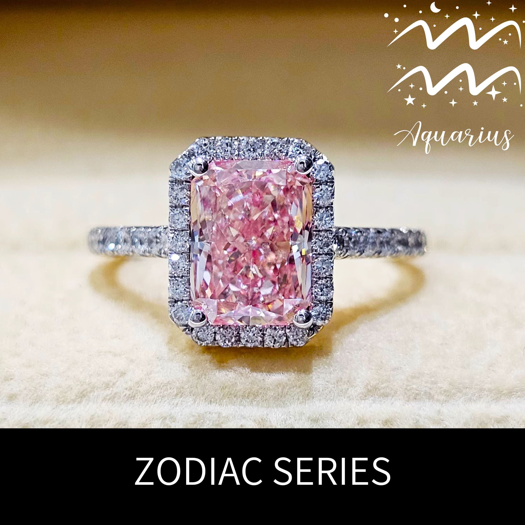 Aquarius Fancy Vivid Pink Radiant Halo Engagement Ring with Pavé Bands