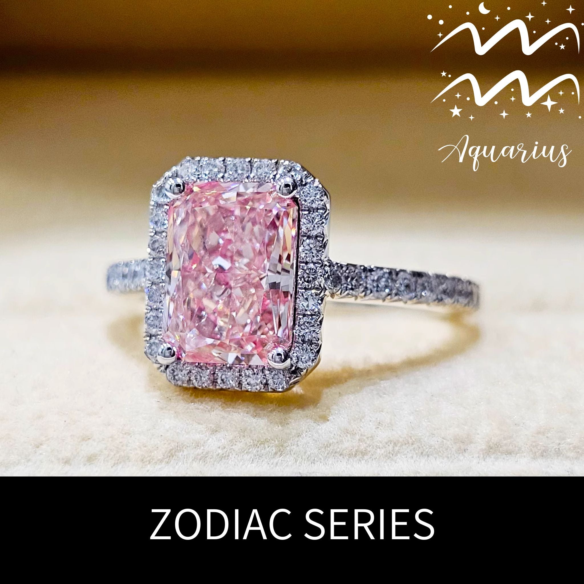 Aquarius Fancy Vivid Pink Radiant Halo Engagement Ring with Pavé Bands