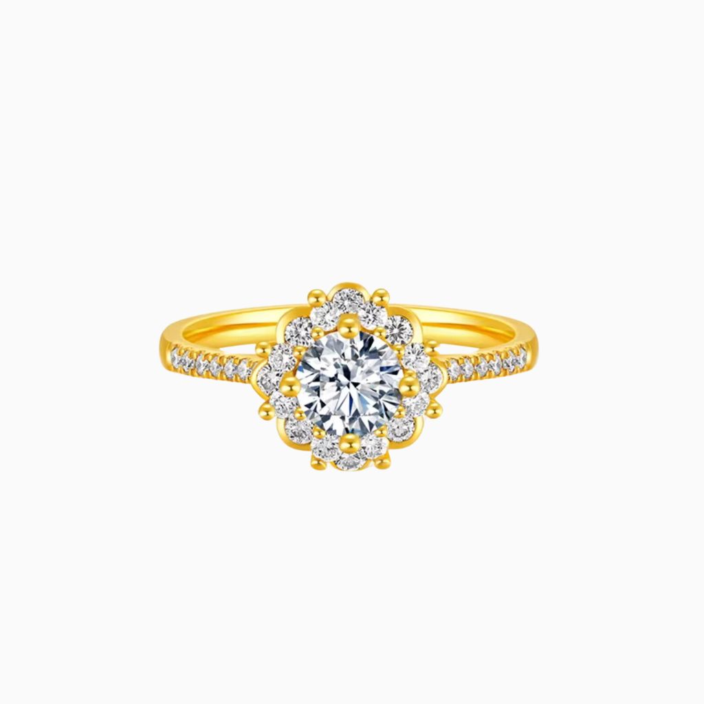 Lourdes Blooming Round Brilliant Halo Diamond 24K Gold Ring with Pavé Bands (999 Gold)