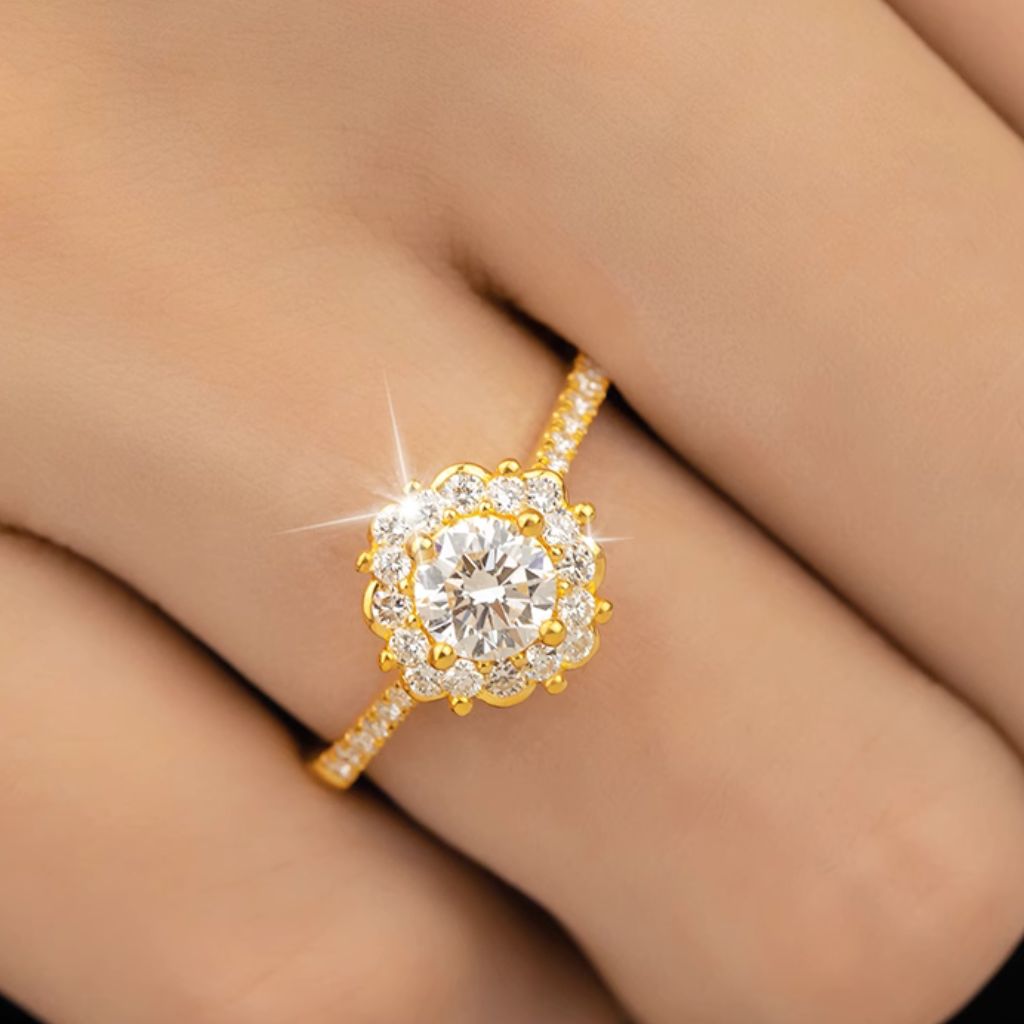 Lourdes Blooming Round Brilliant Halo Diamond 24K Gold Ring with Pavé Bands (999 Gold)