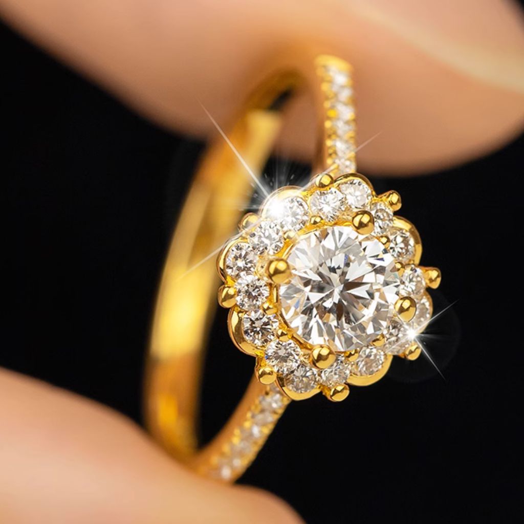 Lourdes Blooming Round Brilliant Halo Diamond 24K Gold Ring with Pavé Bands (999 Gold)