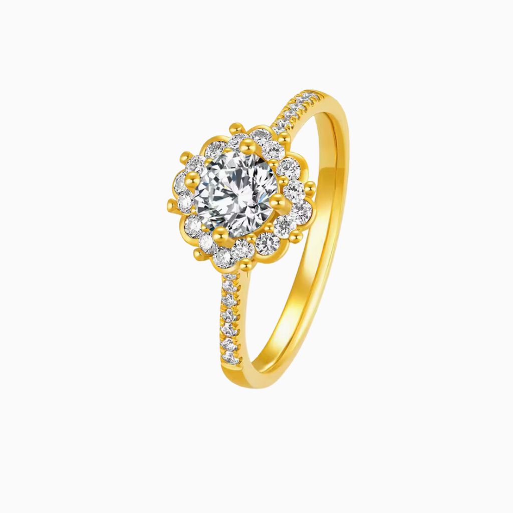 Lourdes Blooming Round Brilliant Halo Diamond 24K Gold Ring with Pavé Bands (999 Gold)