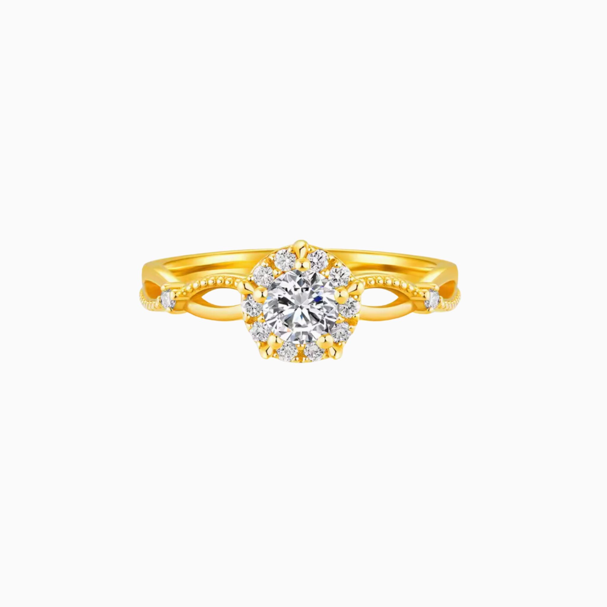 Alluring Sun Round Brilliant Diamond 24K Gold Ring with Ribbon bands (999 Gold)