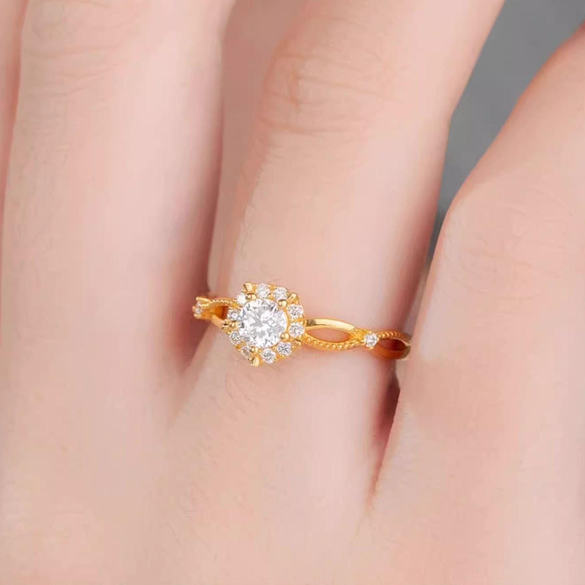 Alluring Sun Round Brilliant Diamond 24K Gold Ring with Ribbon bands (999 Gold)