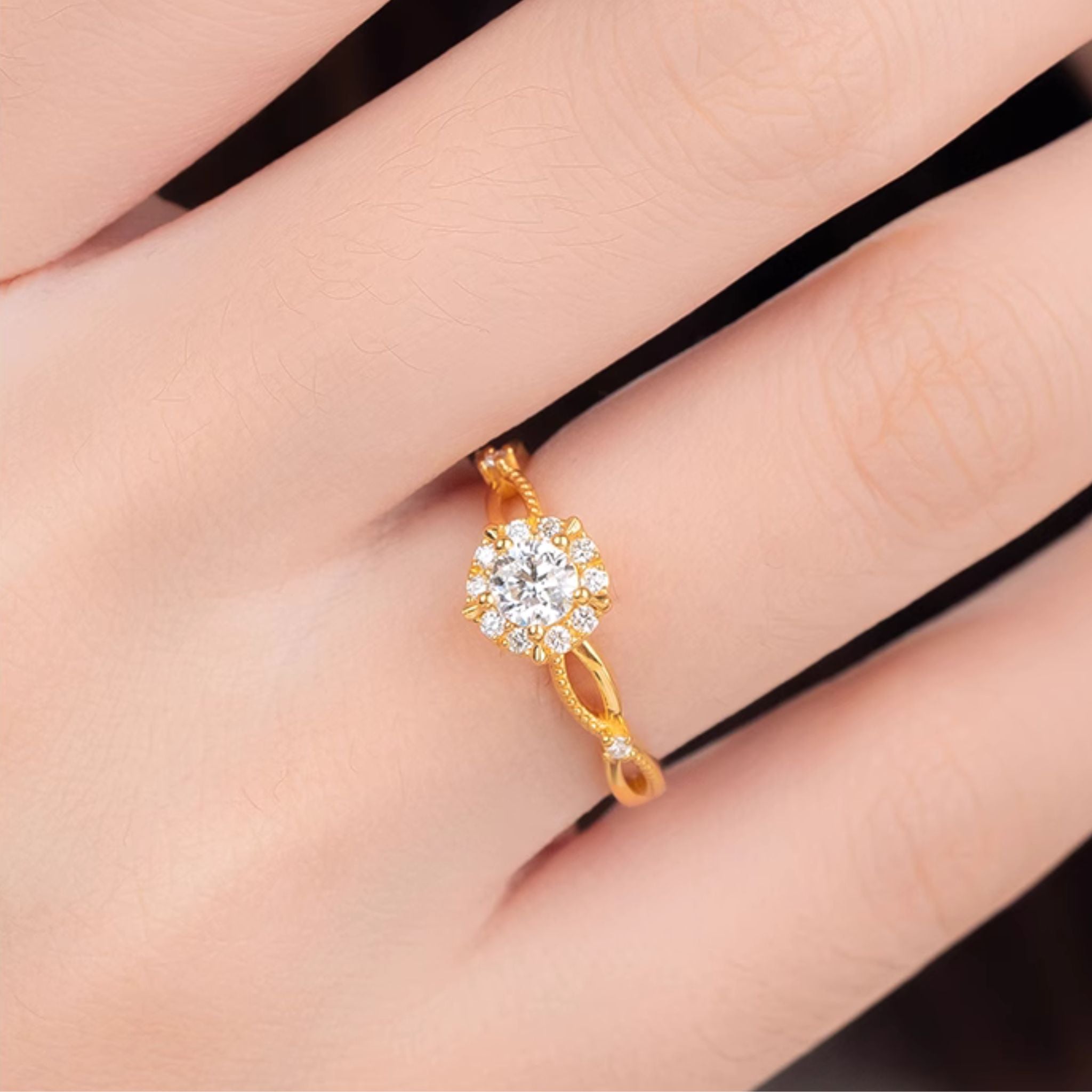 Alluring Sun Round Brilliant Diamond 24K Gold Ring with Ribbon bands (999 Gold)