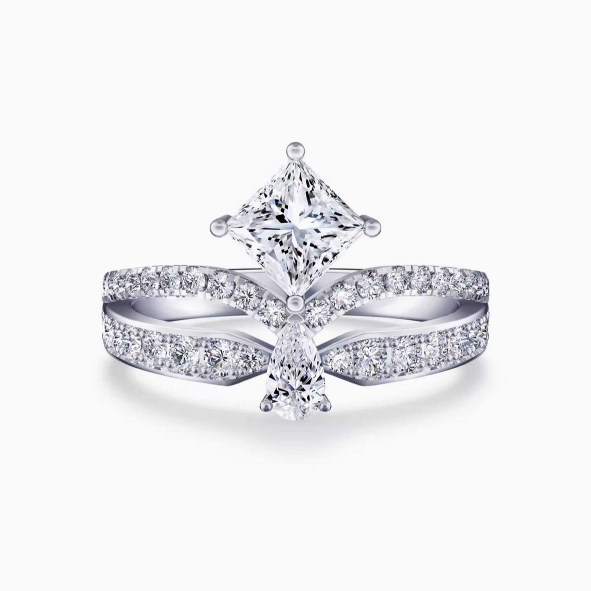 Princess & Pear Double Diamond Engagement Ring with Diamonds on Double Band