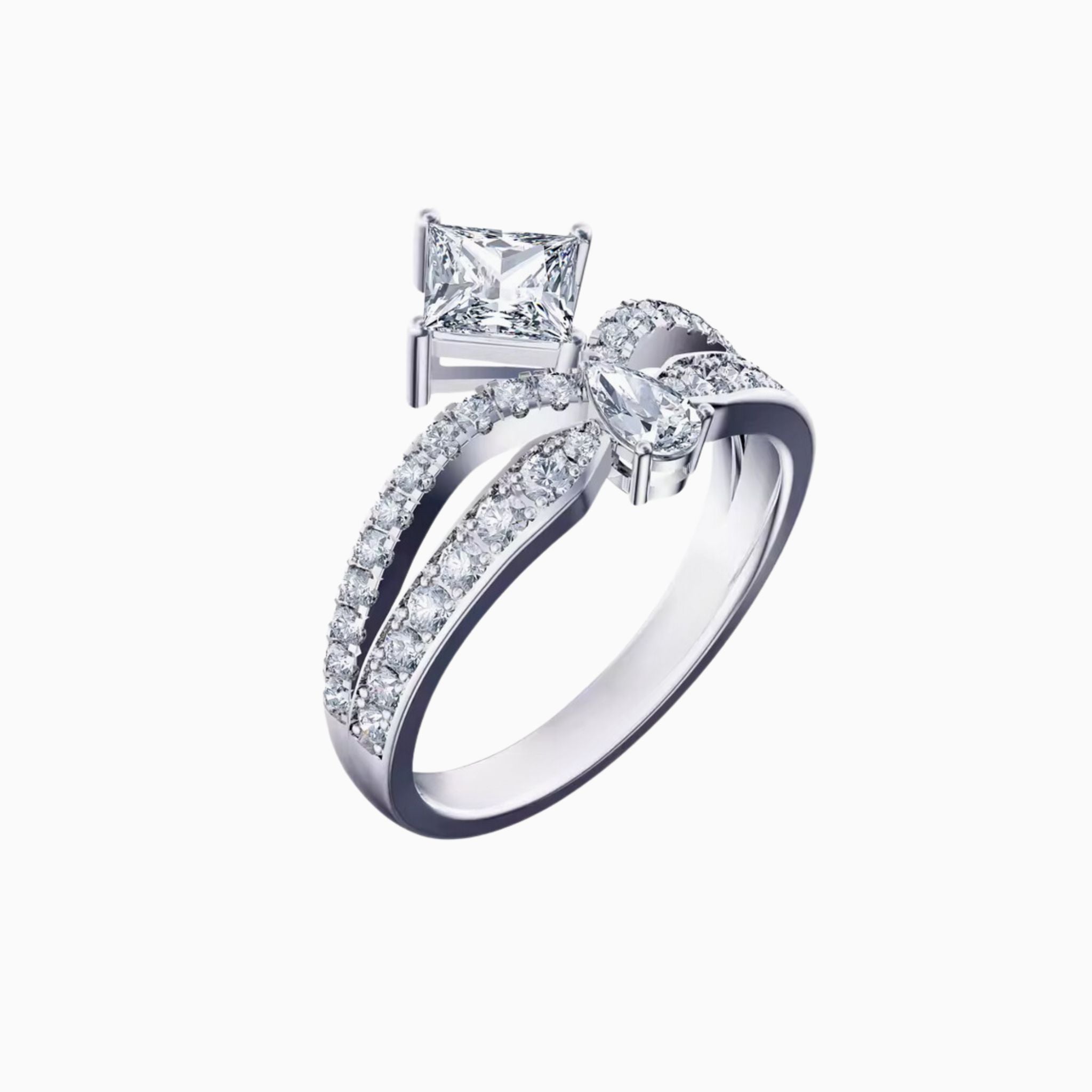 Princess & Pear Double Diamond Engagement Ring with Diamonds on Double Band