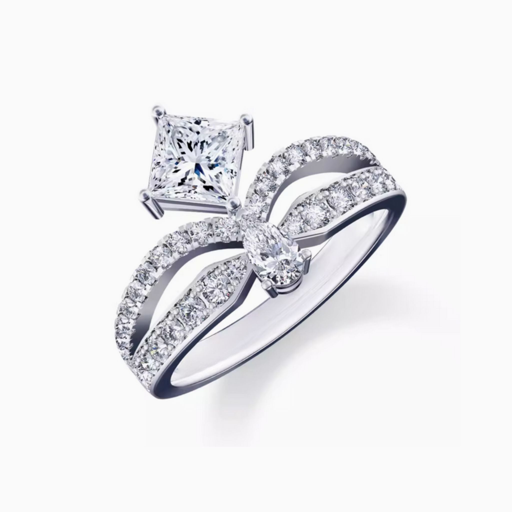 Princess & Pear Double Diamond Engagement Ring with Diamonds on Double Band