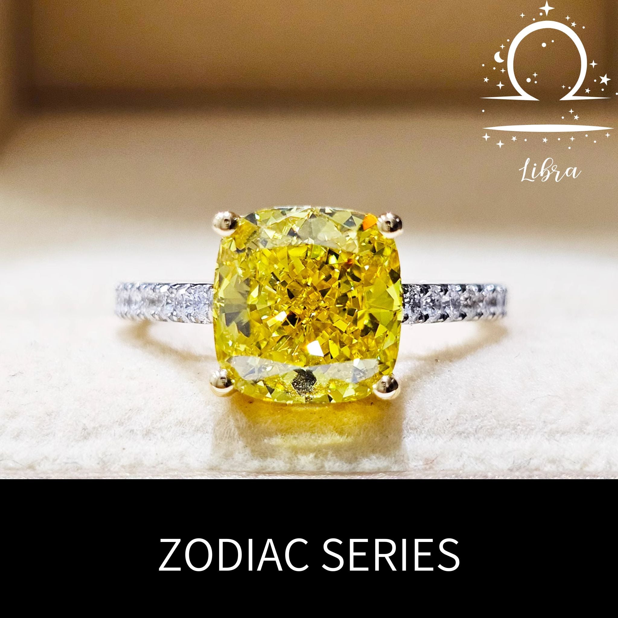 Libra Yellow Cushion Engagement Ring with Pavé Bands