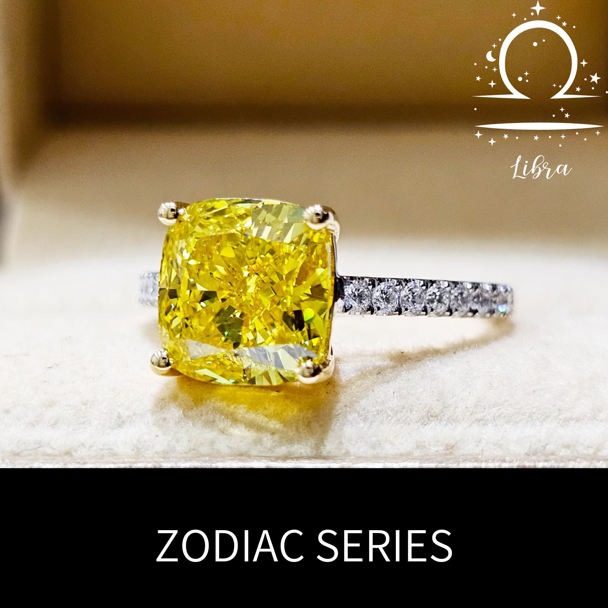 Libra Yellow Cushion Engagement Ring with Pavé Bands