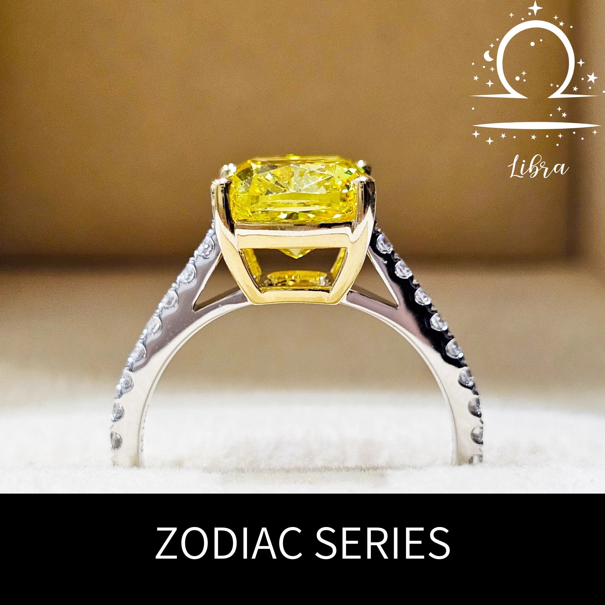 Libra Yellow Cushion Engagement Ring with Pavé Bands