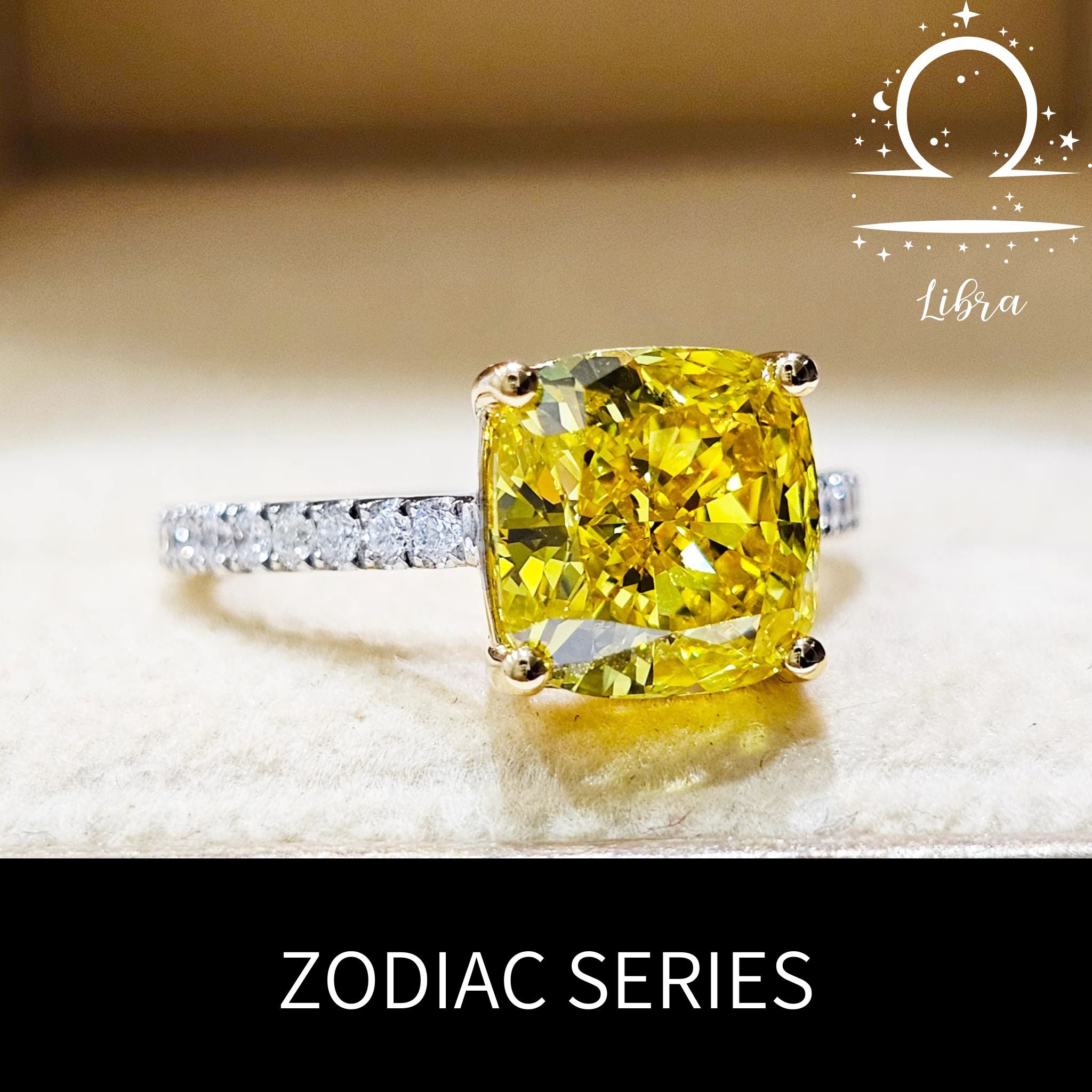 Libra Yellow Cushion Engagement Ring with Pavé Bands